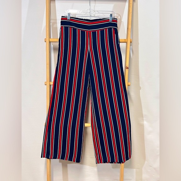 CYNTHIA ROWLEY Navy and red striped‎ wide leg crop pant size 6. - Picture 1 of 13
